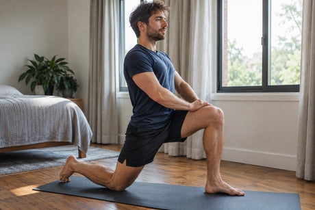 A man in a half-kneeling hip flexor stretch on a mat in a bedroom, with morning light through the window