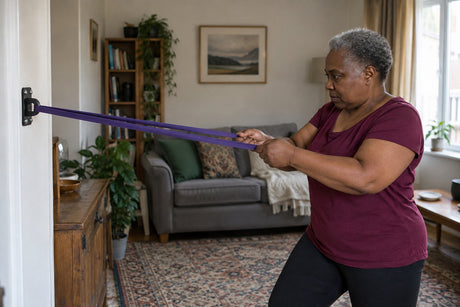 An older woman at home pulling a purple resistance band anchored to a door frame