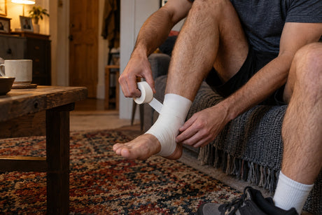 A man sitting at home wrapping white zinc oxide tape around his own foot and ankle