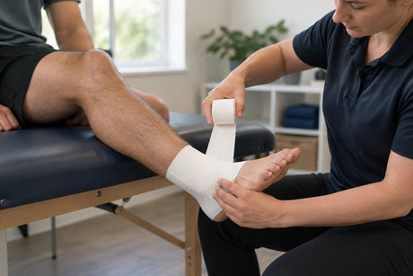 A physiotherapist wrapping a white cohesive bandage around a patient's ankle on a treatment couch