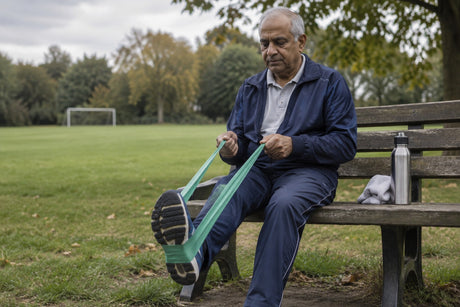 An older man sitting on a park bench pulling a green resistance band looped under his foot