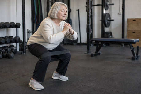An older woman performing a squat in a gym with a heavy black resistance band around her thighs