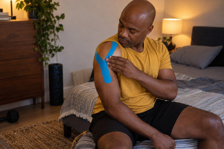 A man sitting on a bed pressing blue kinesiology tape onto the front of his shoulder