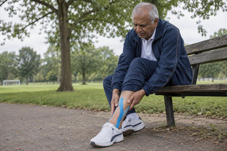 An older man on a park bench pressing blue kinesiology tape applied to the front of his lower leg