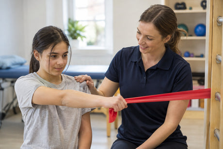 A physiotherapist supporting a girl's shoulder as she extends her arm against a red resistance band in a clinic
