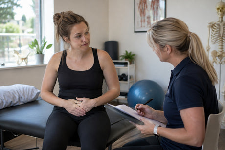 A postnatal patient sitting on a treatment couch with hands on her abdomen talking to a physiotherapist taking notes