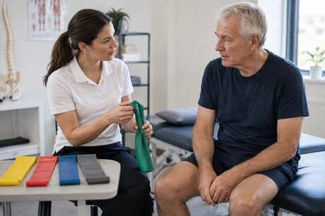 A physiotherapist showing a green resistance band to an older man, with red, blue and grey bands laid out on the table