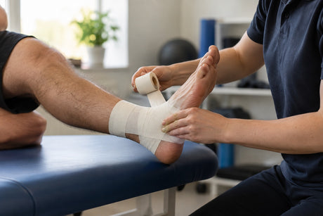A therapist wrapping white zinc oxide tape around a patient's ankle and foot on a treatment couch