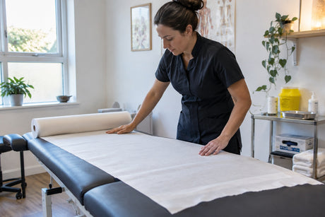 A clinician smoothing a sheet of couch roll over a treatment couch in a clinic room