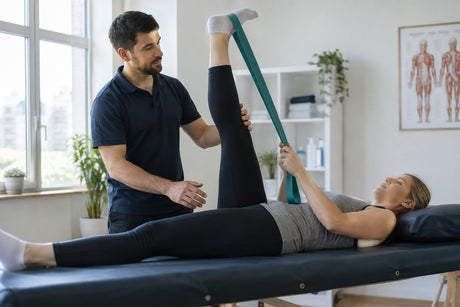 A physiotherapist supporting a patient's raised leg in a hamstring stretch with a green band on a treatment couch