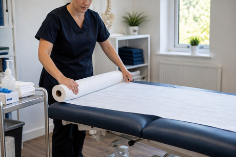 A clinician in scrubs rolling couch roll across a treatment couch, with towels and consumables on a trolley