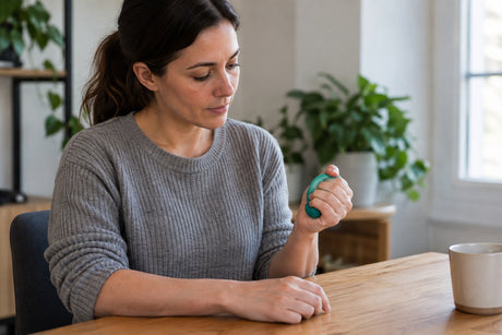 A woman at a table squeezing a green therapy gel ball in one hand, with her other hand resting flat