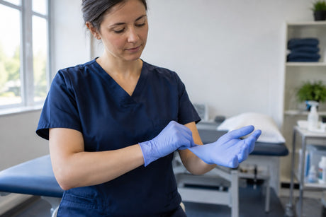 A clinician in scrubs pulling on purple nitrile examination gloves in a treatment room