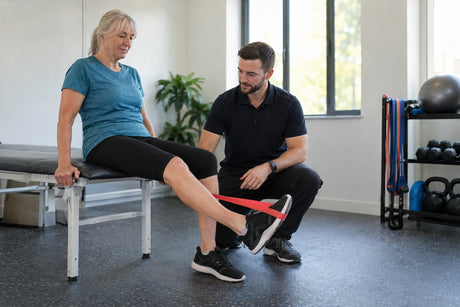 A physiotherapist guiding a seated woman through a knee extension against a red resistance band