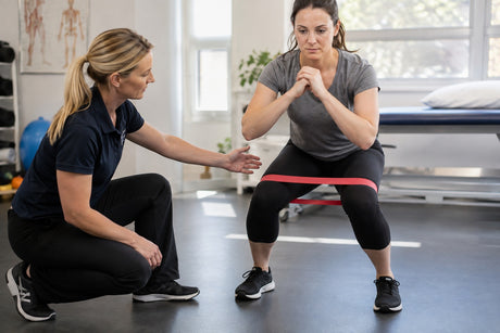 A physiotherapist coaching a woman through a squat with a red resistance loop band above the knees