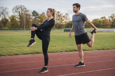 A woman and a man on an athletics track both doing a standing quad stretch