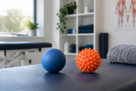 A smooth blue massage ball beside a spiky orange trigger point ball on a treatment couch