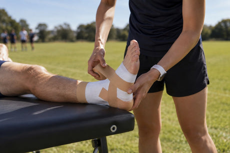 A pitch-side therapist strapping a player's ankle with beige cohesive bandage over white tape on a portable couch