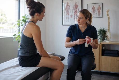 A physiotherapist holding an anatomical model while talking to a patient seated on a treatment couch