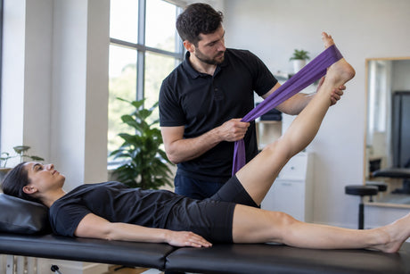 A physiotherapist guiding a patient's raised leg through a PNF hamstring stretch using a purple band