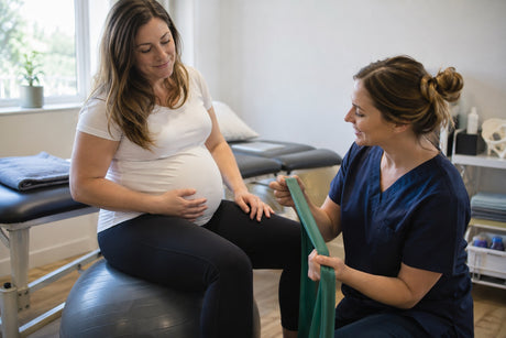 A pregnant woman sitting on an exercise ball while a clinician shows her a green latex-free resistance band