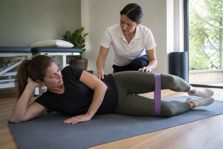 A physiotherapist guiding a woman through a side-lying clamshell with a purple resistance loop band above the knees