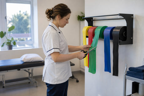 A clinician cutting a length from a green band on a wall-mounted rack holding yellow, red, green, blue and black band rolls