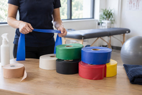 A clinician stretching a blue resistance band above a table of bulk band rolls in beige, green, black, blue, red and yellow