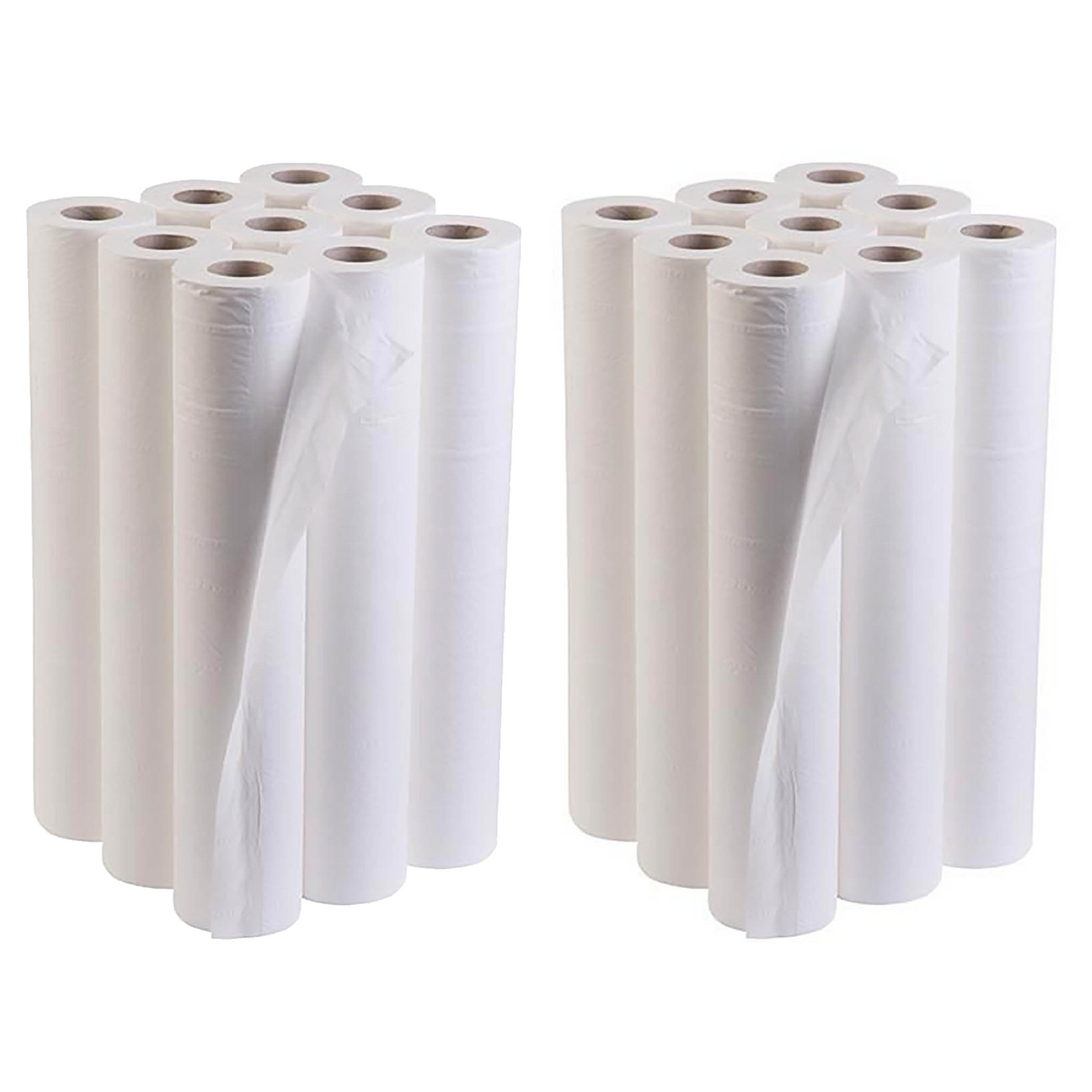 18 white rolls of disposable couch paper positioned standing upright in 2 groups of 9, shown against a plain white background. The paper roll appears smooth and clean, typically used in medical or clinical settings to cover examination couches.