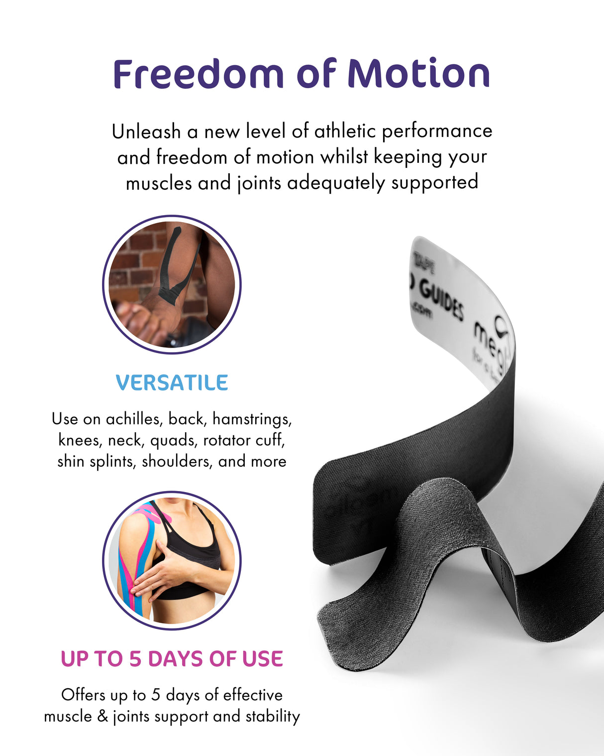 Kinesiology Tape 5m x 5cm. Pre-cut or Uncut  Sports injury recovery, hypo-allergenic, breathable, lightweight tape