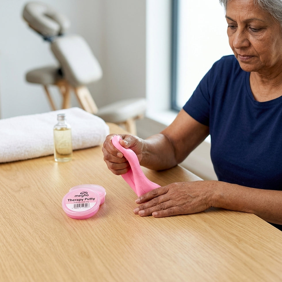 Woman using pink therapy putty at a table with a jar of putty and a bottle in the background.