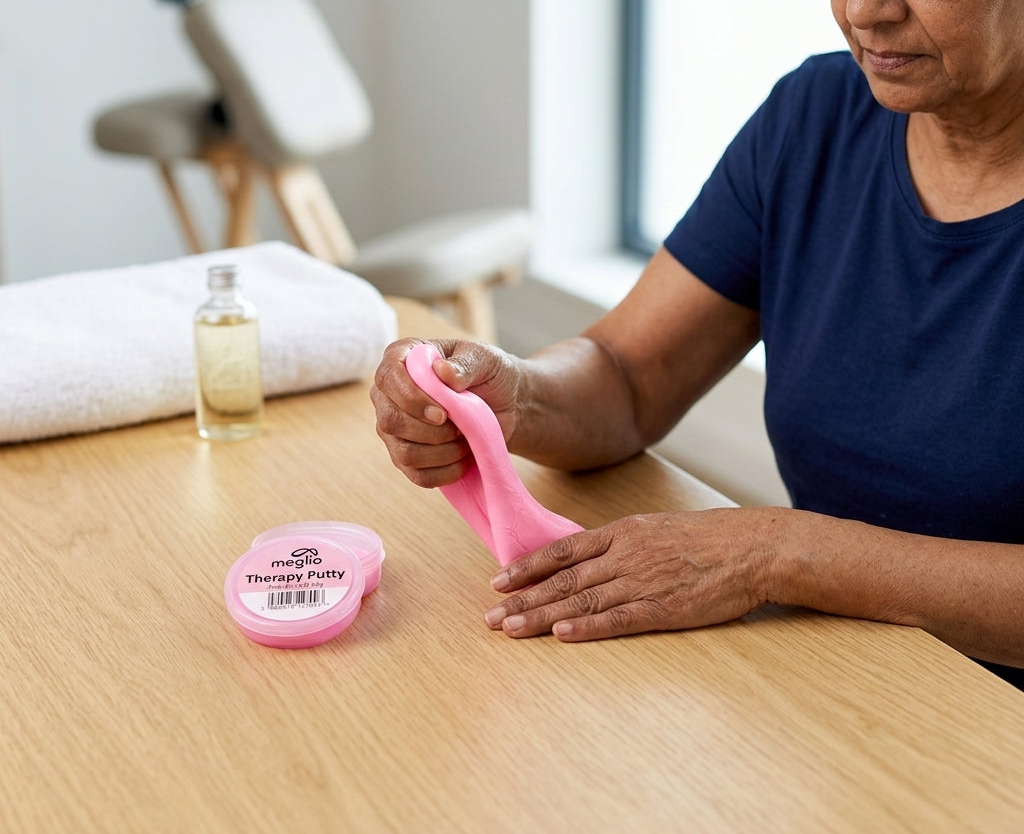 Person using pink therapy putty with a container of putty on a table.
