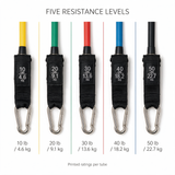Five resistance tube ratings: yellow 10 lb, green 20 lb, red 30 lb, blue 40 lb and black 50 lb