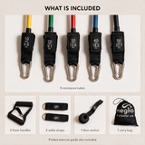 Resistance tube set contents: five colour-coded tubes, two foam handles, two ankle straps, door anchor, carry bag and printed exercise guide