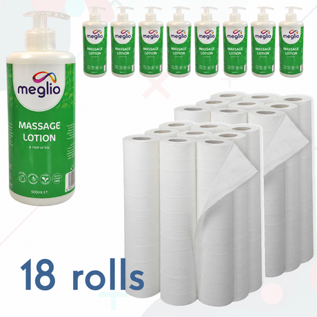 Massage lotion and couch roll bundle: nine 500ml Meglio lotion bottles and eighteen couch rolls