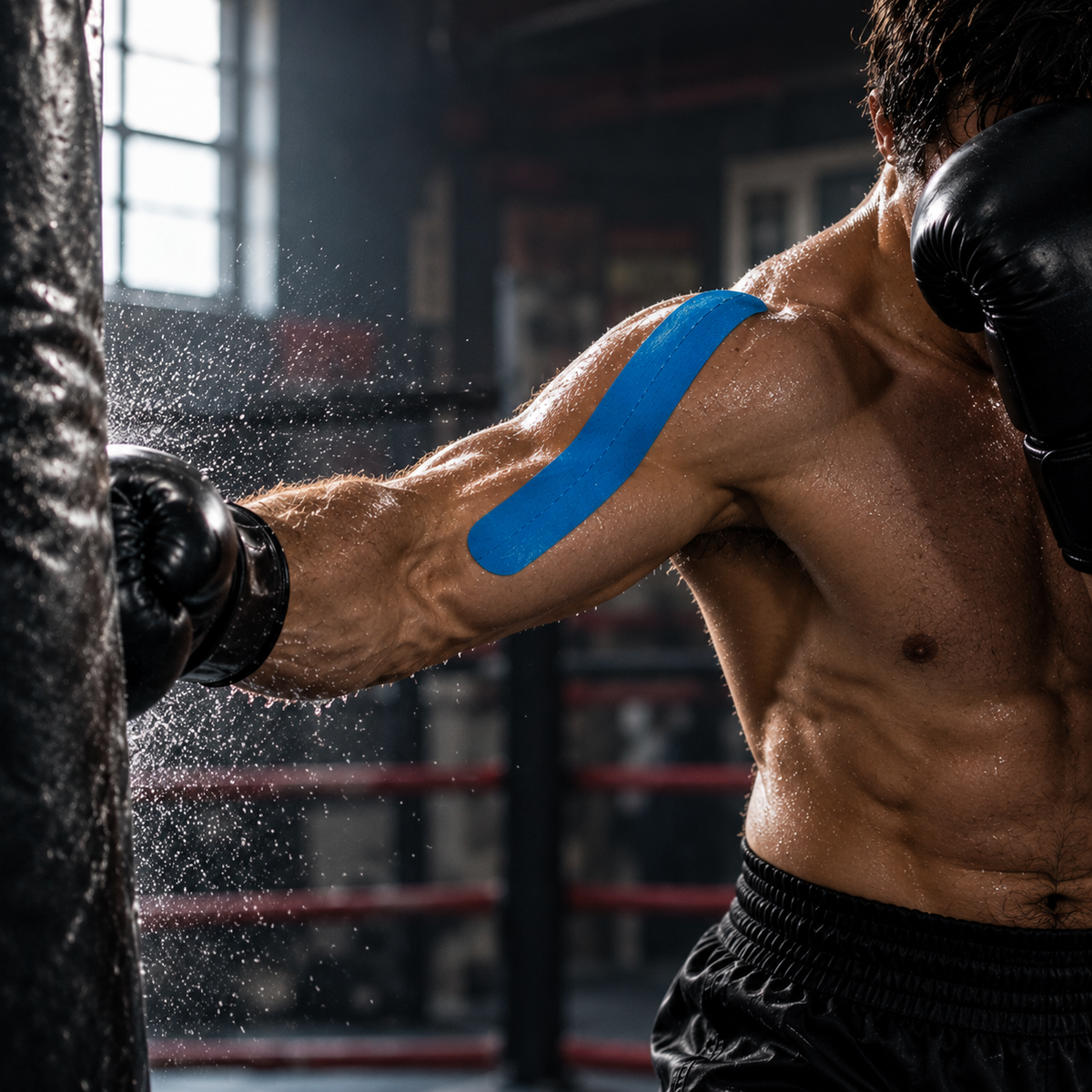 Boxer training with blue kinesiology tape on his shoulder.