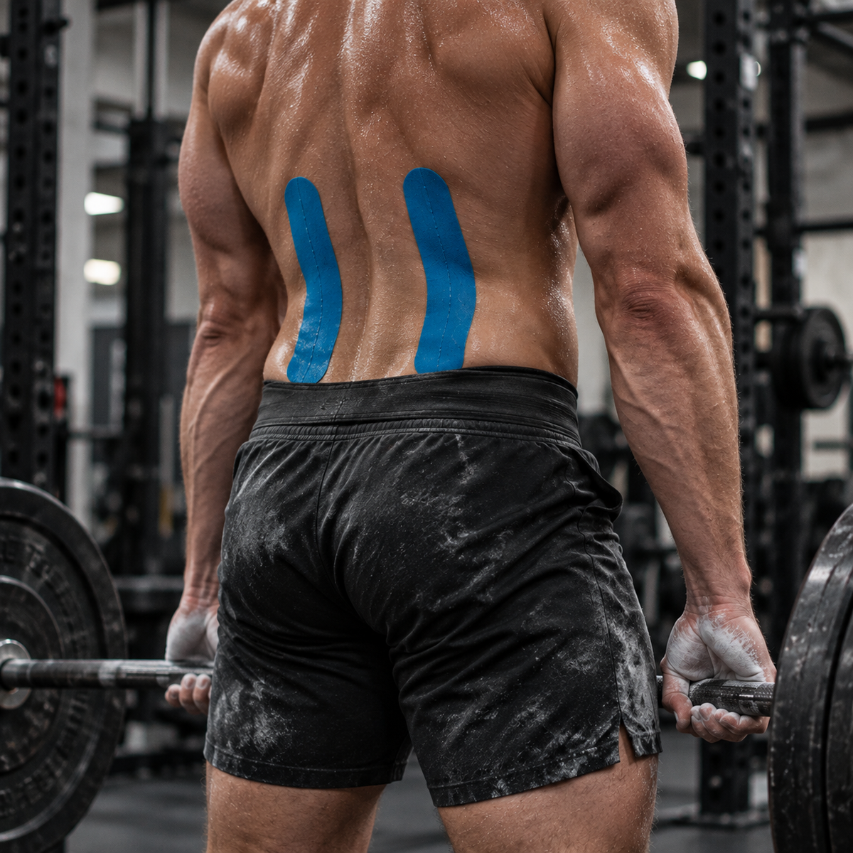 Weightlifter with blue kinesiology tape on his lower back.