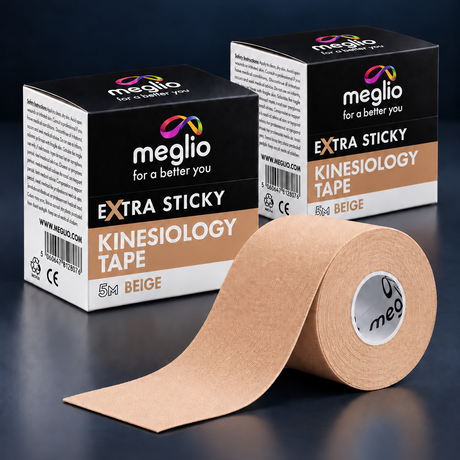 Meglio Extra Sticky Kinesiology Tape 5m x 5cm in Beige, with beige packaging.