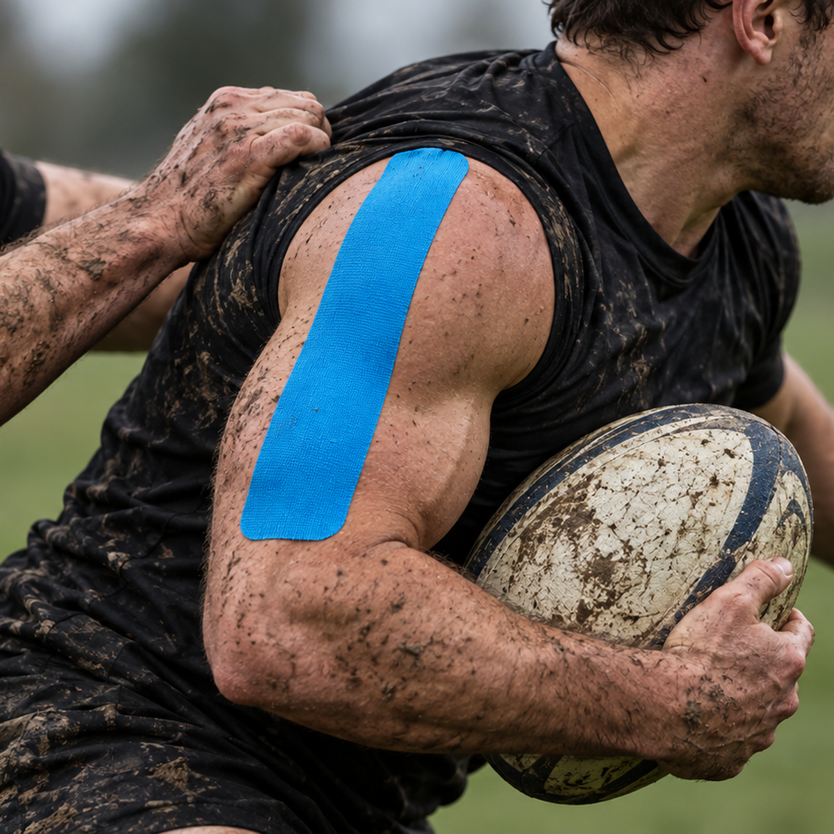 Meglio Extra Sticky Kinesiology Tape in Light Blue applied to a rugby player's shoulder during contact